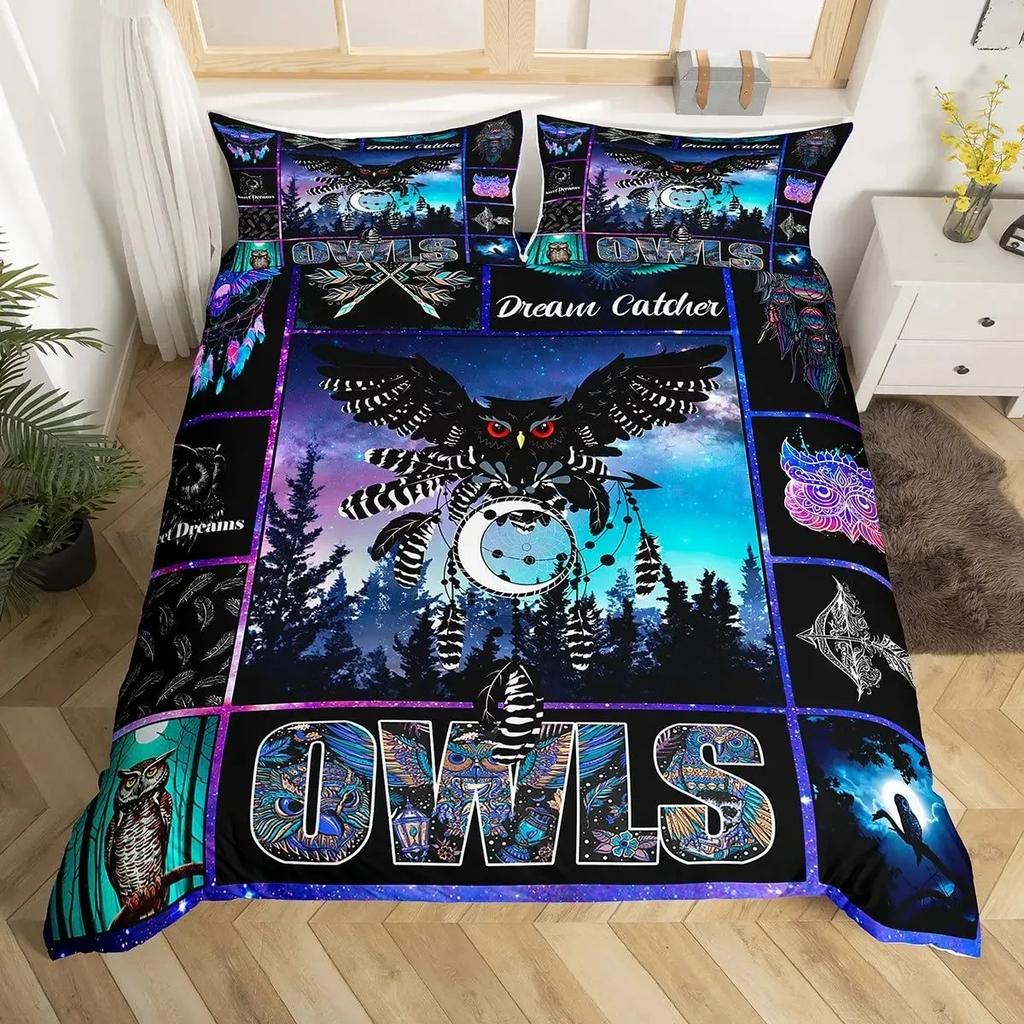 Owl Duvet Cover Set 3D Boho Owl Bedding Set Boho Exotic Style Comforter Cover Moon Safari Bird Animal Print Quilt Cover Queen