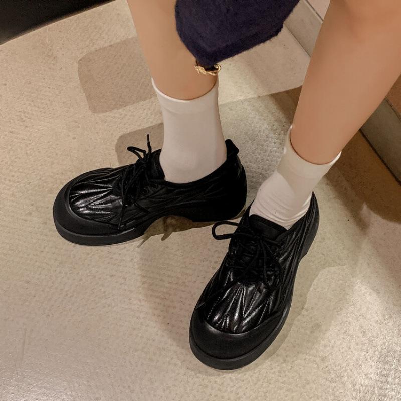 New leather casual single shoes women's non-slip thick-soled lace-up sheepskin women's shoes wear round head comfortable and soft single shoes in all