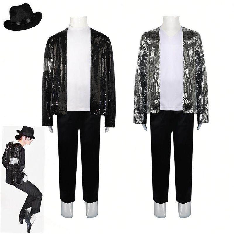 

Michael Jackson Performance Costumes, Stage Sequin Outfits for Children and Adults, Men s and Women s Mj Performance Clothing Sets Hat 160