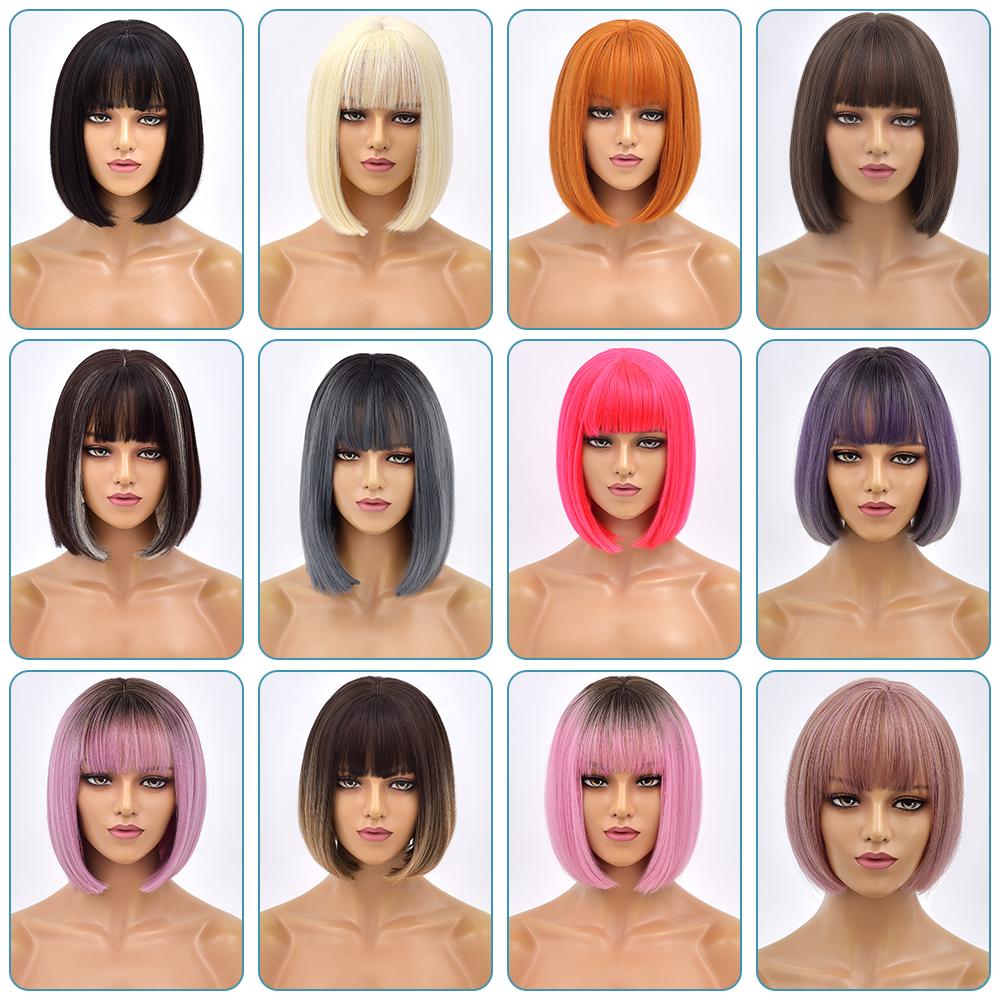 Short Bob Wig With Bangs Orange Stright Wigs For Women  Natural Lolita Daily Party Cosplay Hair Heat Resistant Synthetic Wigs