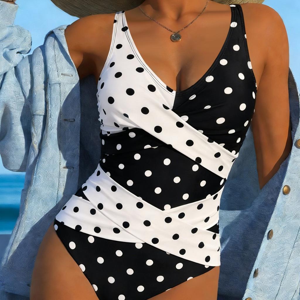 Black And White Printed Cross Gathered Integrated One Piece Bikini Swimsuit Women Fashion Beach Vacation Elegant Wear