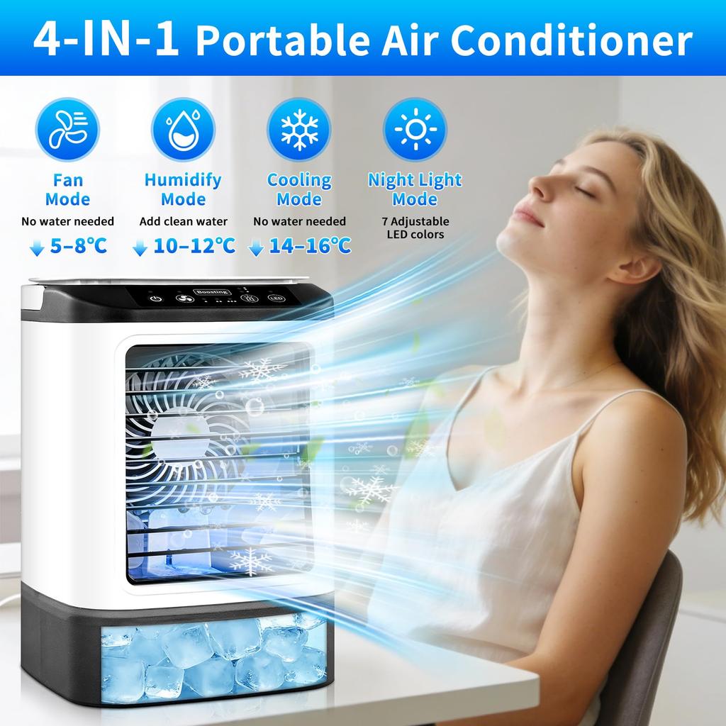 Portable Air Cooler: 900ML Water Tank 4-in-1 Evaporative Cooling Fan - Quiet 4-Speed with 2 Mist Settings for Bedroom Office Travel