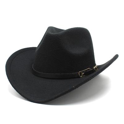Metal Buckle Belt Cowboy Hat Woolen Top Hat Men'S And Women'S Big Edge Curled Jazz Felt Hat