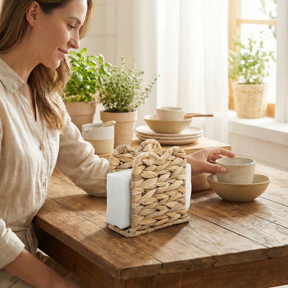 Rustic Style Grass Napkin Holder Natural Handmade Standing Tissue Dispenser Vintage Tabletop Tissue Rack Farmhouse Decor
