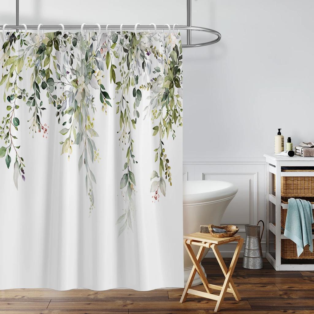 1PC Green Sage Plants Pattern Printed Shower Curtain, Waterproof and Washable, with 12 Hooks, Bathroom Shower, Bathtub, Home Use