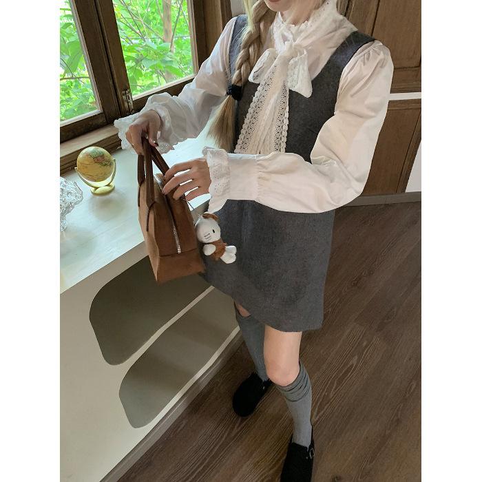 

French bow lace-up long-sleeved shirt woolen vest dress women s autumn new fashion suit trendy 2XL