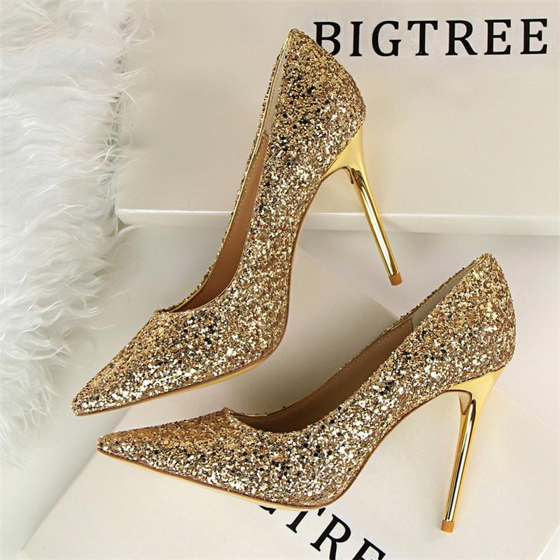  Women Fashion Pointed Toe Thin High Heels Sequins Glitter Luxury Designer Pumps Wedding Bridal Gold Valentine  Shoes