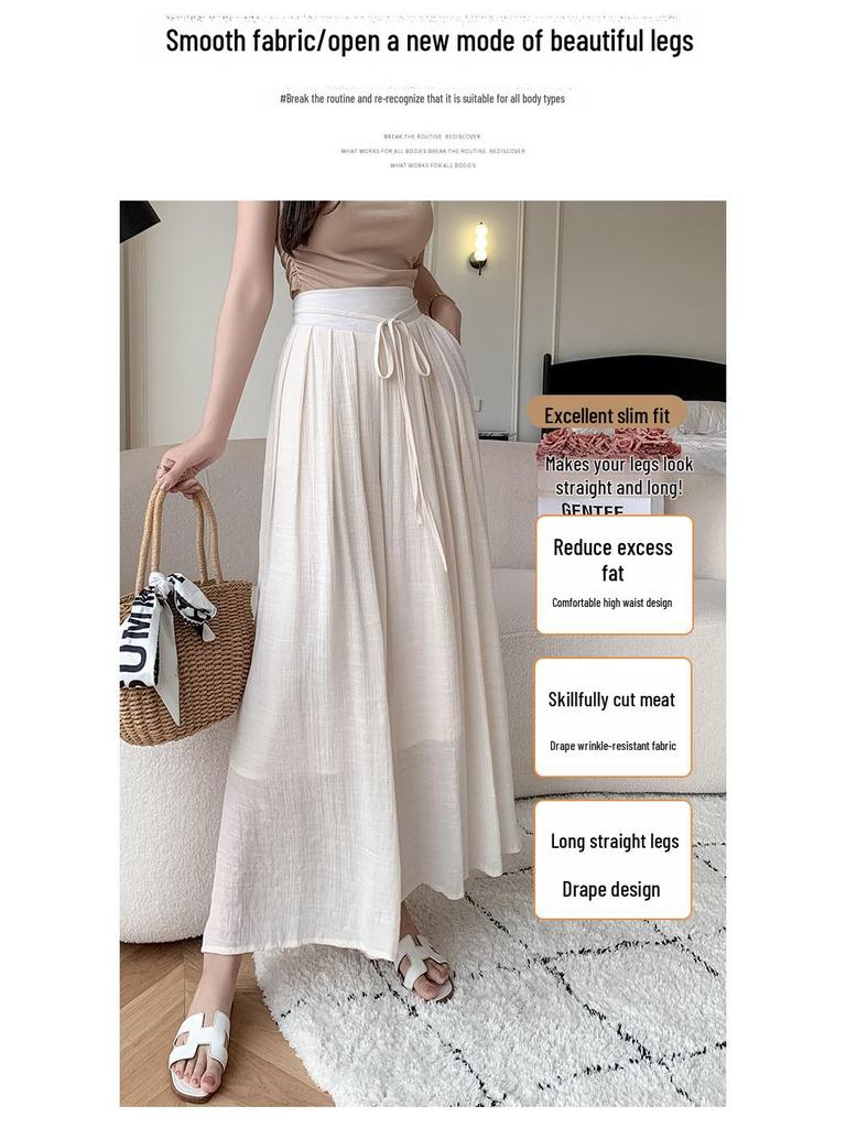 Women's Summer 2024 High-Waist Drape Pants Skirt - Ice Silk & Cotton-Linen Blend with Elastic Waist and Straps