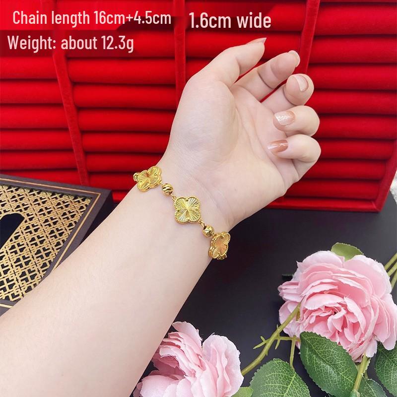 Vietnam Gold-Plated Clover Necklace, Ring & Five-Flower Bracelet Set