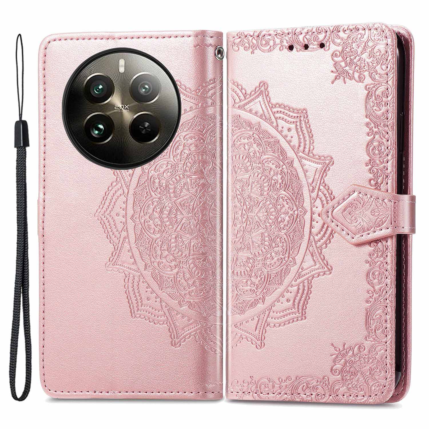 

For Realme 12 Pro 5G/12 Pro+ 5G Case Mandala Embossment Wallet Phone Leather Cover Rose Gold