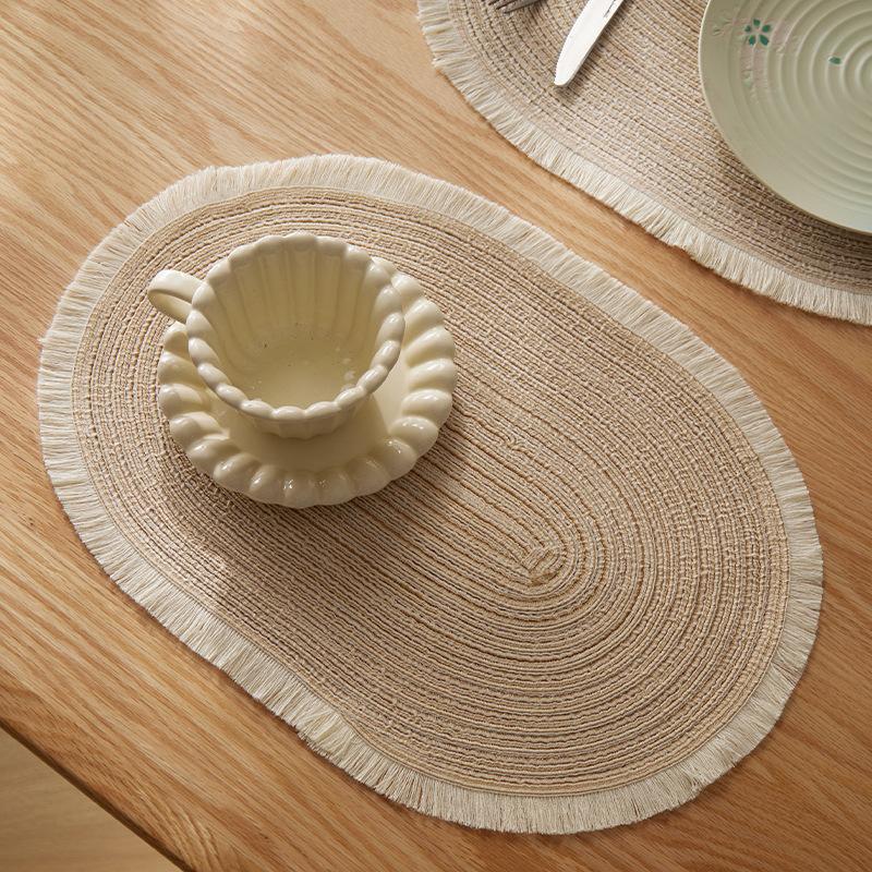 SHIEN Hot Sale Japanese Table Mat Thermal Insulation Mat Tassel Shave Edge Woven Oval Polyester Cotton Placemat