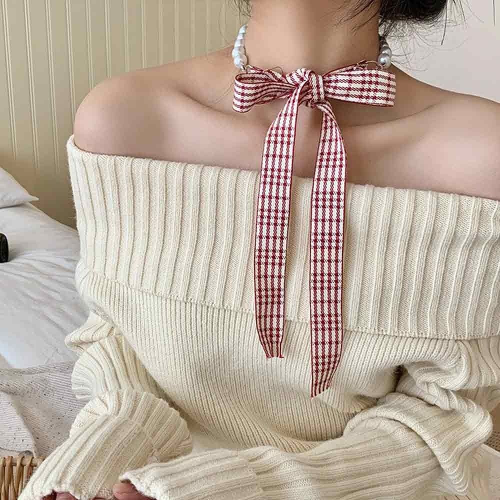 Korean Pearl Necklace Lace Scarf Summer Bags Handle Decor Fashion Hair Band  For Women Collarbone
