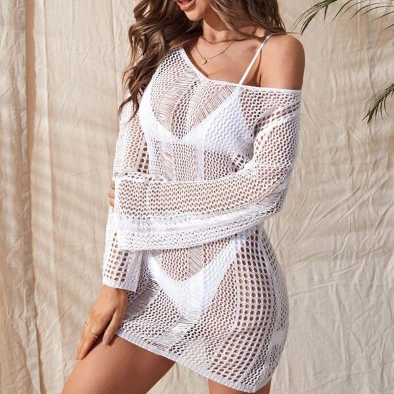 Nové zakrývací šaty Dámské Sexy Vykrojené Dlouhý rukáv Bez zad Bodycon Bikiny Plavky Pletené Plážové