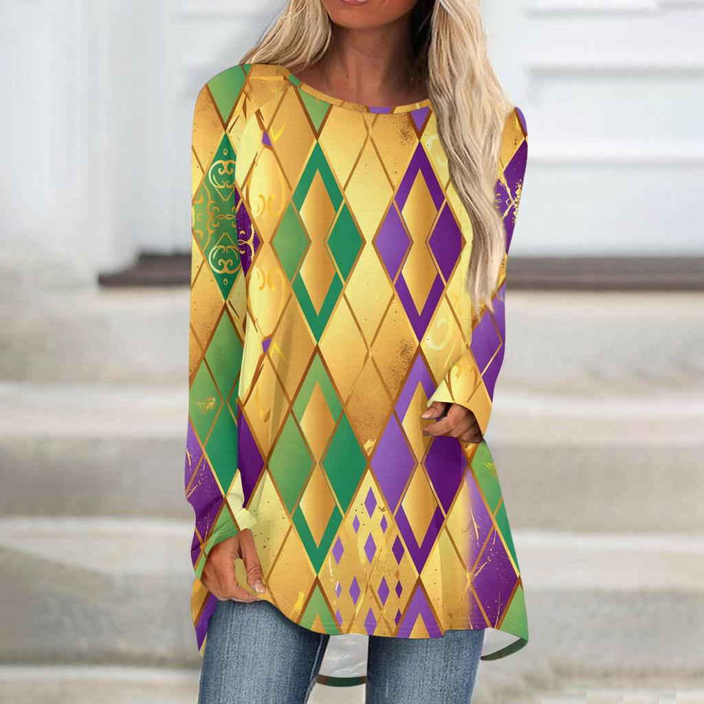 Women's Fashionable Round Neck Raglan Long Sleeved Carnival Printed Casual Pullover Top