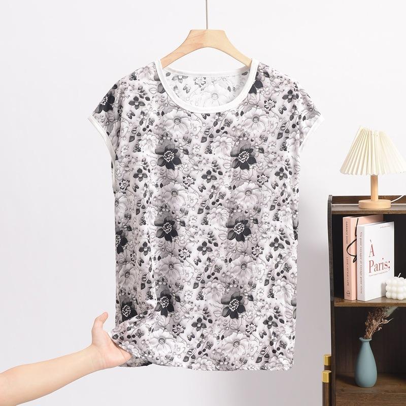 Dam Silke Jacquard Rundhals Kortärmad Tunn Mamma T-shirt Sommar Stor Storlek Blommig Bekväm Andningsbar Mångsidig Lös Topp