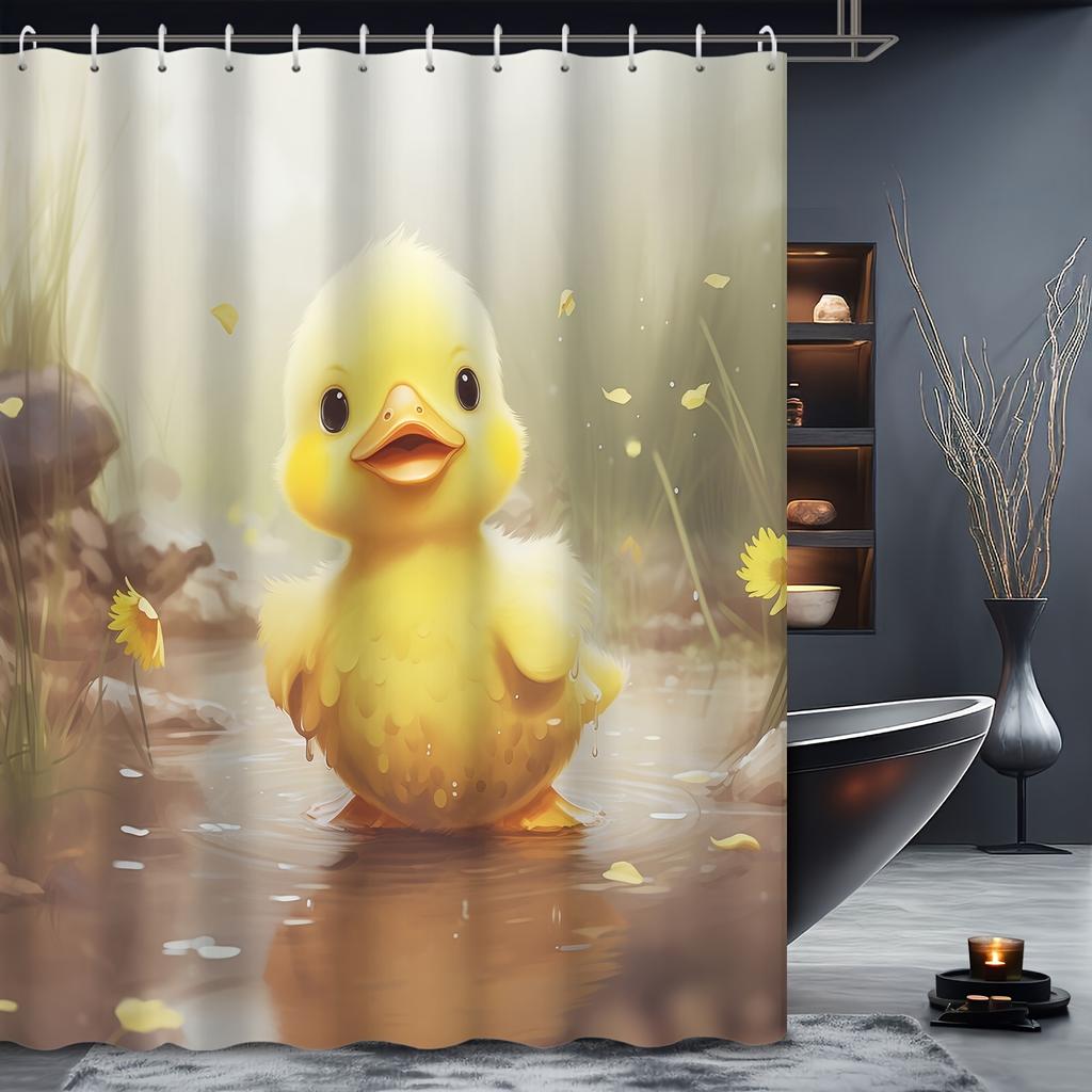 Charming Duck Shower Curtain - Rainy Scene, Yellow Duck Wall In Living Room, Bedroom Decoration - Comfortable