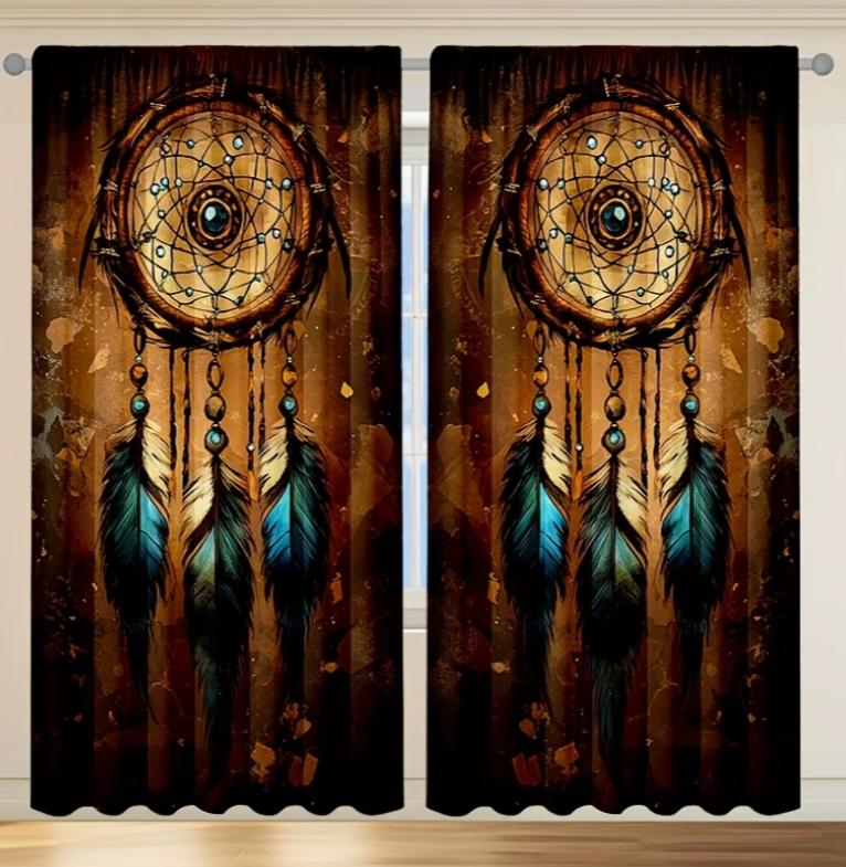 2pcs Curtains Featuring Dreamcatchers with Native American Elements for Home or Office Decor
