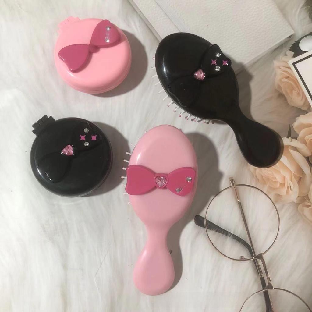 Pink & Black Y2K Bow Airbag Massage Comb – Cute, Portable DIY Hairbrush