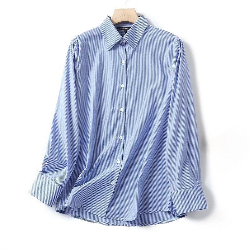 

MD Women s Autumn Workplace Work Clothing Spain Stripes Tops Plaid Cotton Long Sleeves Shirt 05165764400 Blue L