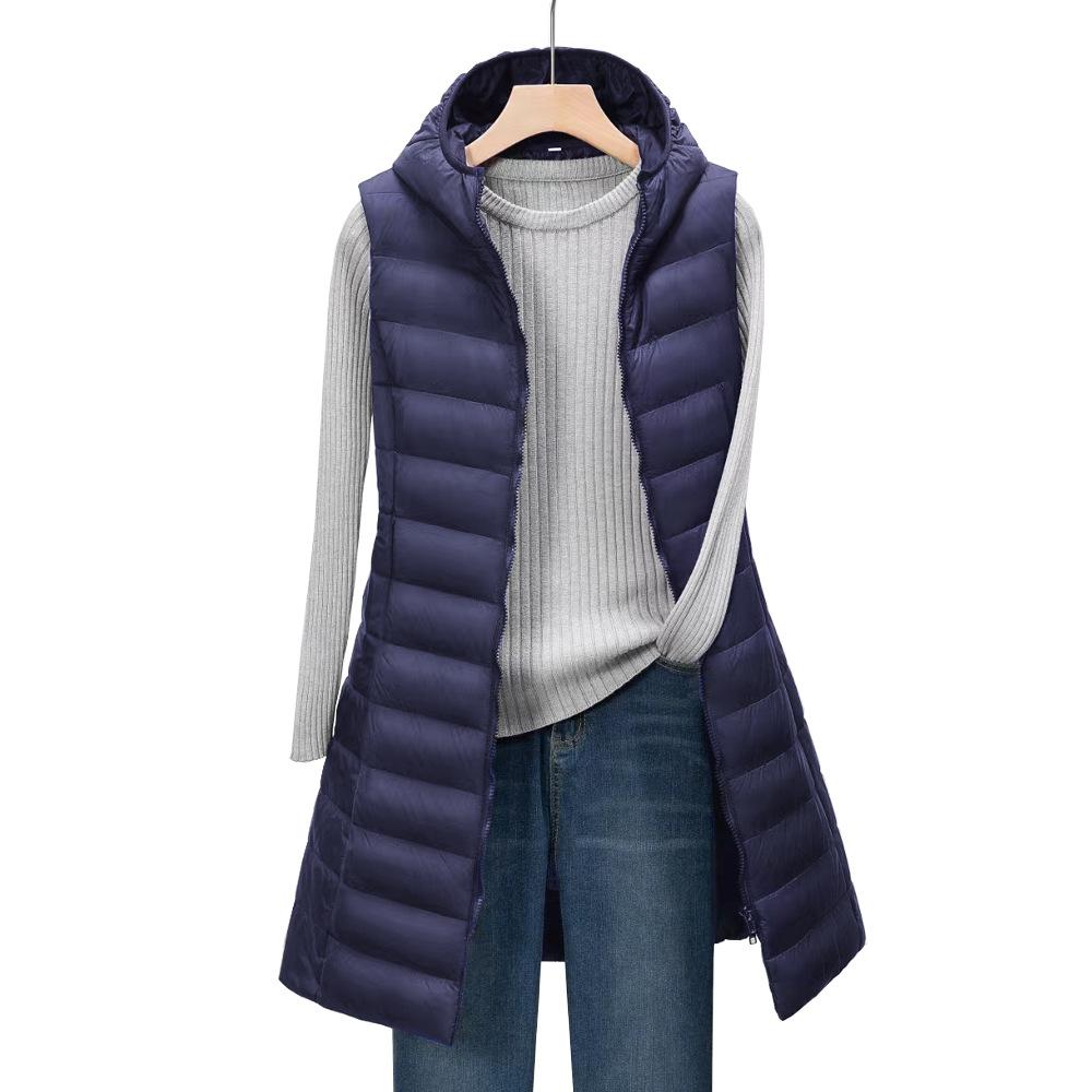 Female Autumn and Winter Medium Long Hooded Light Down Padded Jacket Waistcoat Cotton Vest