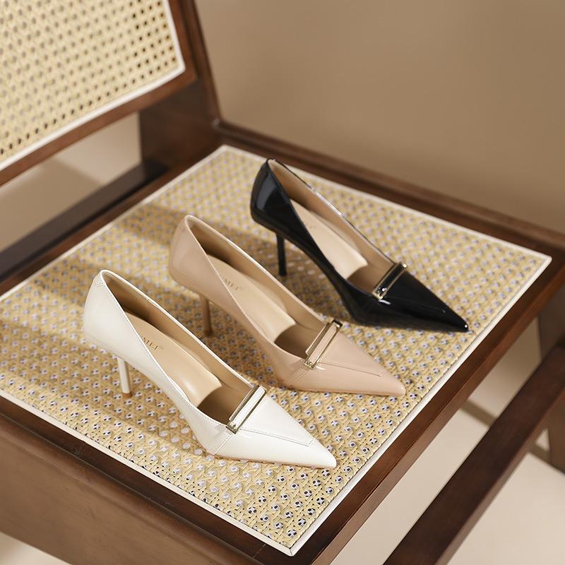 8-Beautiful one-word metal buckle high-heeled single shoes femininity not tired feet pointed stiletto high heels women