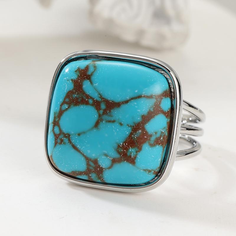 Bohemian Inlaid Imitation Turquoise Women's Ring Vintage CopperColor Geometry Daily Wear Party Jewelry Anniversary Gift
