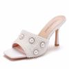 Fashion Summer Pearl Water Diamond 9cm Square Head High Heel Slippers Fashion Fish Mouth Wine Glasses Temperament Beaded Shallow Sandals