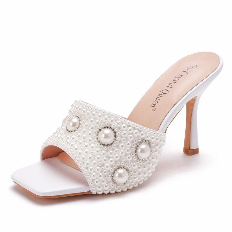 Fashion Summer Pearl Water Diamond 9cm Square Head High Heel Slippers Fashion Fish Mouth Wine Glasses Temperament Beaded Shallow Sandals