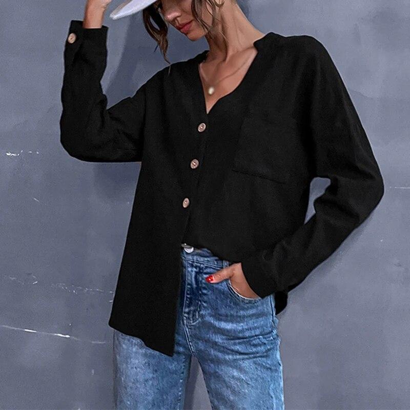 Solid Color Button Front Autumn Long Sleeve Stand Collar Loose Fit Shirts for Women Single Breasted Blouse Top