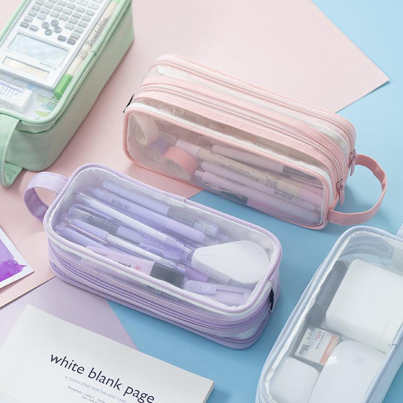 Transparent Large Mesh Pencil Case Double Layer Pencil Bag Handheld Portable Multifunctional Cosmetic Bag Stationery Storage