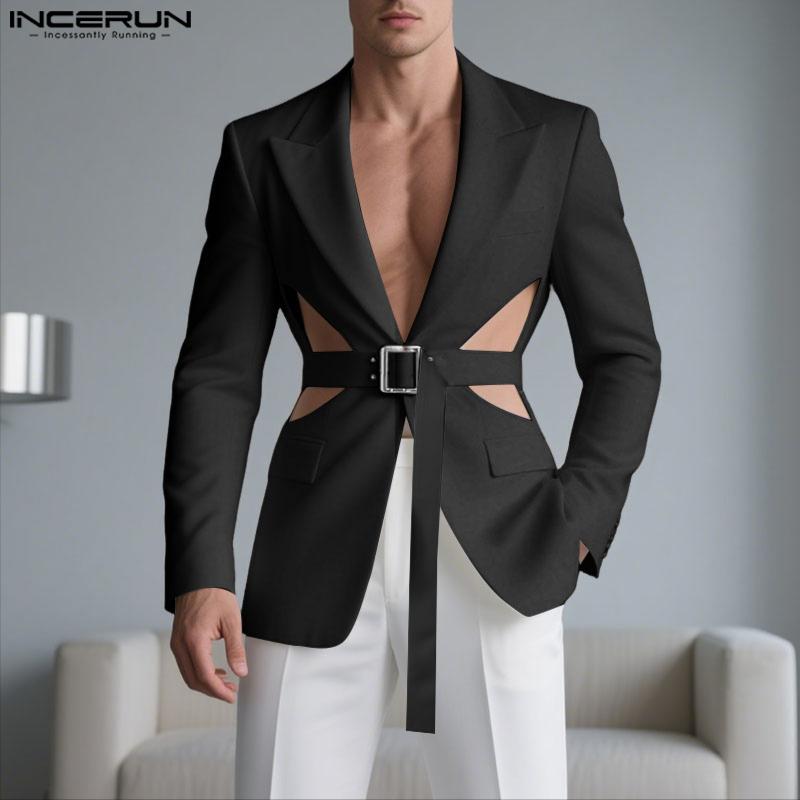 INCERUN Men Notched Lapel Long Sleeve Cutout Thin Blazer Party Coats