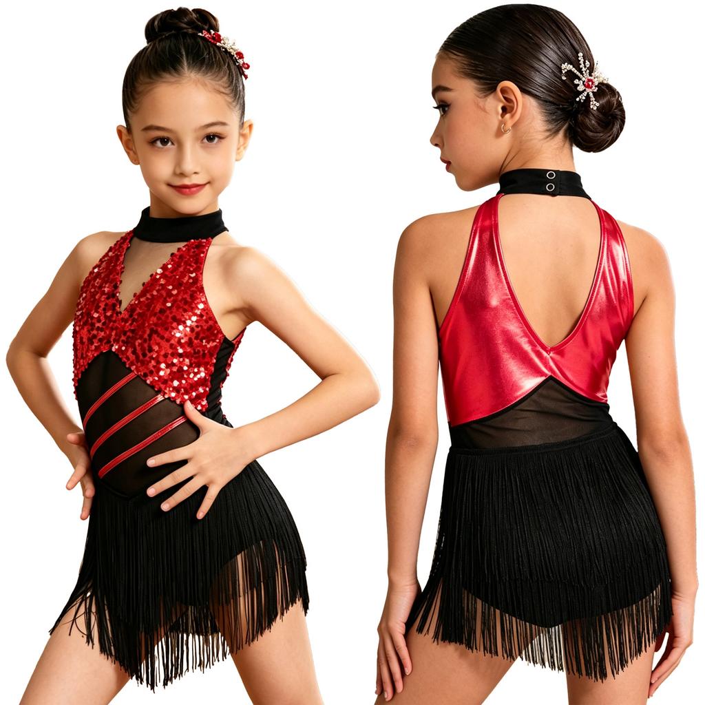 Girls Cha-cha Salsa Performance Leotard: Sleeveless Halter Sequins Tassels with Mesh Waist Keyhole Metallic Back for Stage Costume