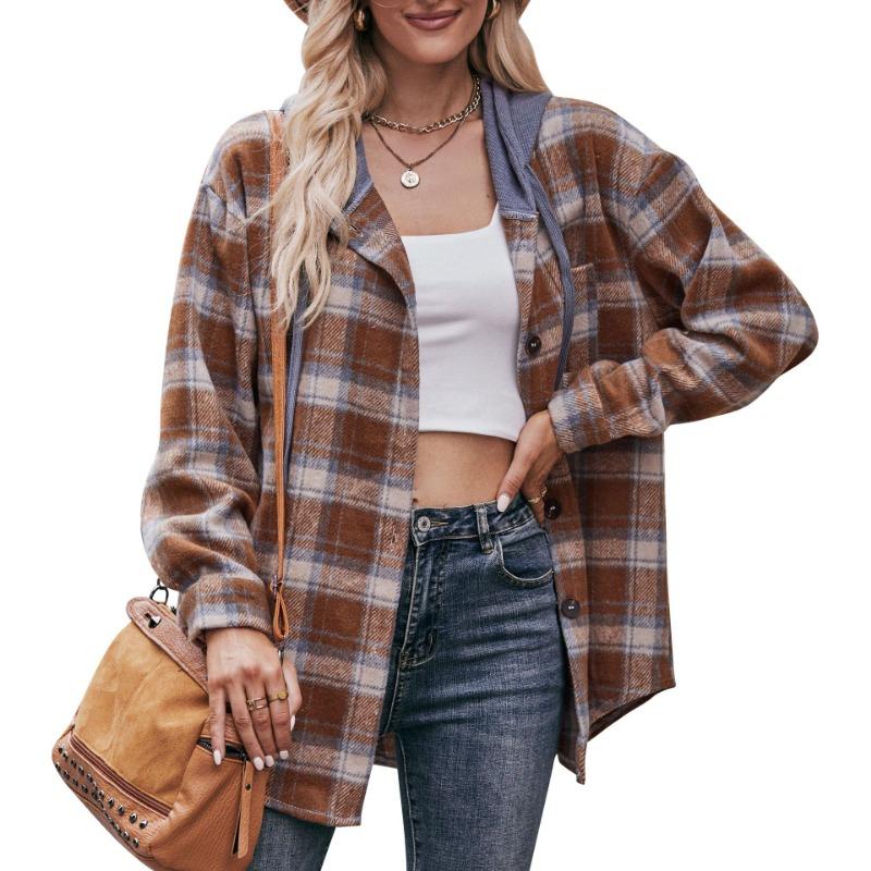 Women Oversized Plaid Flannel Hooded Long Sleeve Casual Shirt Jacket