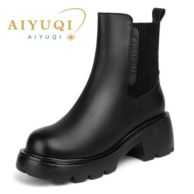 Damenstiefel, Winter, echtes Leder, Damen-Chelsea-Stiefel, britischer Stil, natürliche Wolle, warme Damen-Stiefeletten
