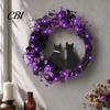 Halloween Floral Hanging Decoration Garland, with String Lights, Black Cat Silhouette Glow Moon Lights Wreath, for Front Door Indoor Outdoor