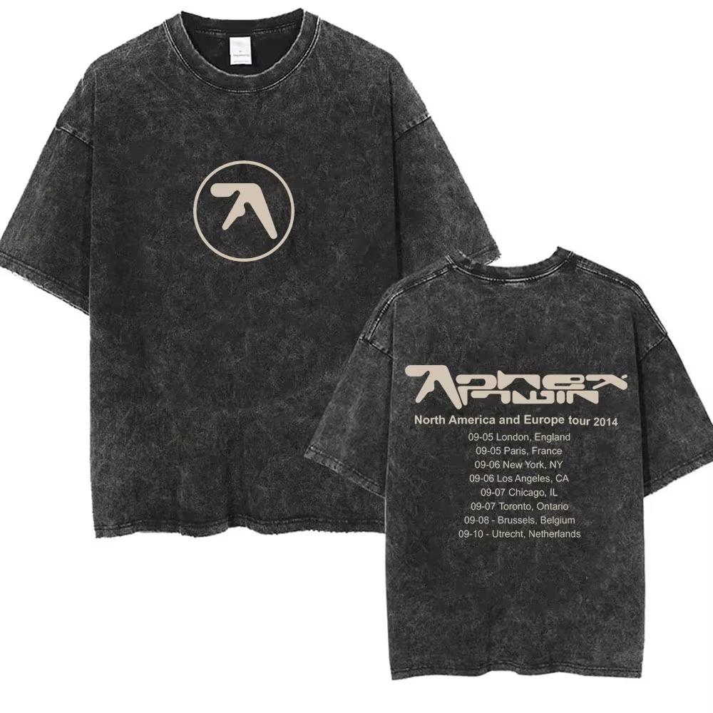 Aphex Twin Washed Vintage T-Shirt Herren Damen Mode Lässig Oversized Kurzarm T-Shirt Männlich Baumwolle Retro T-Shirt