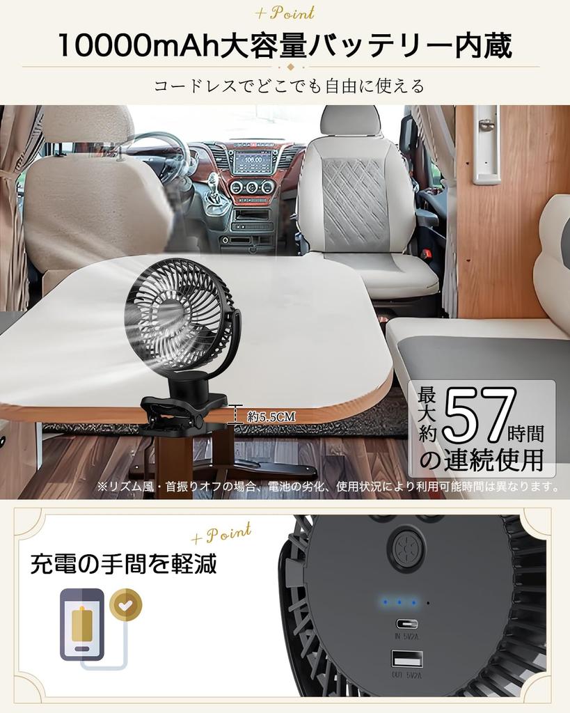 Small, rechargeable 10000mAh USB fan with automatic 360° oscillation, clip-on/desktop USB connection, remote control, timer, 3-speed airflow, rhythm m