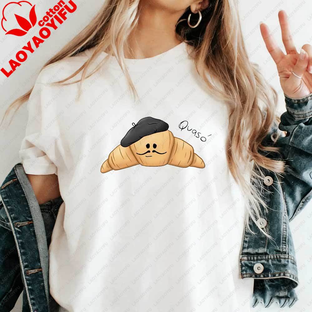 Funny French Croissant Qvaso Graphic TShirt Cute Cartoon Food Casual Cotton Short Sleeve Tshirt for Women Summer Aesthetic Tops