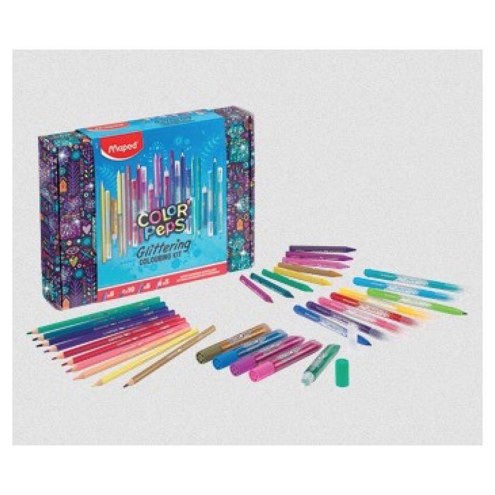 Kit de coloriage - maped - scintillant - 8 feutres à paillettes - 10 crayons de couleur - 5 tubes de gel