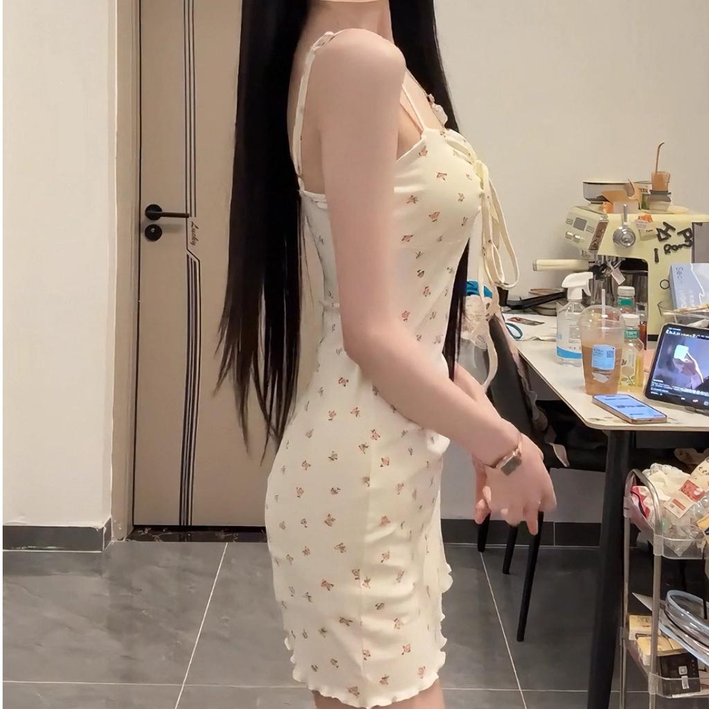 Spice girl retro sexy V-neck floral lace-up bow suspender dress summer pure desire waist hip skirt