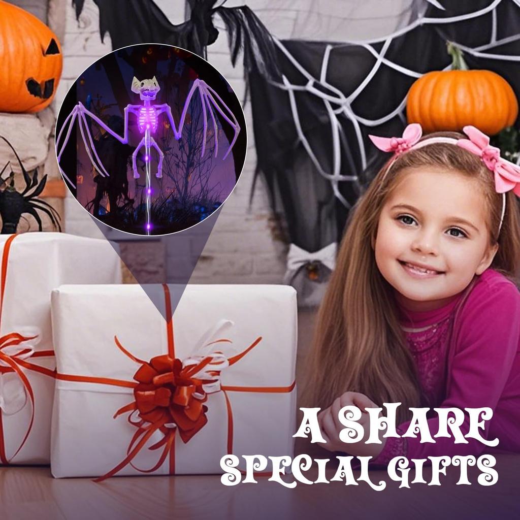 Хэллоуин Украшения Уличные Садовые Фонари на Солнечной Батарее, 2 ШТУКИ 3D Страшная Летучая Мышь Реалистичный Скелет Наружный Декор, Солнечные Жуткие Фонари для Дорожки в виде Летучих Мышей