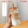 Tasse à café/thé en verre carré 350 ml, bouteille à paille en verre borosilicaté résistant à la chaleur, avec couvercle, paille et brosse de nettoyage