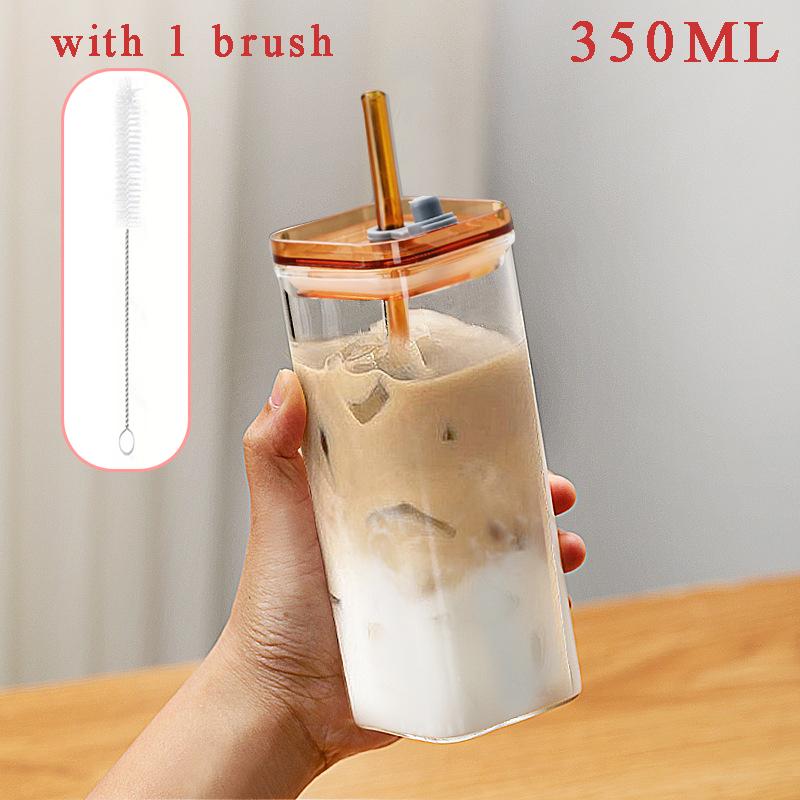 Tasse à café/thé en verre carré 350 ml, bouteille à paille en verre borosilicaté résistant à la chaleur, avec couvercle, paille et brosse de nettoyage