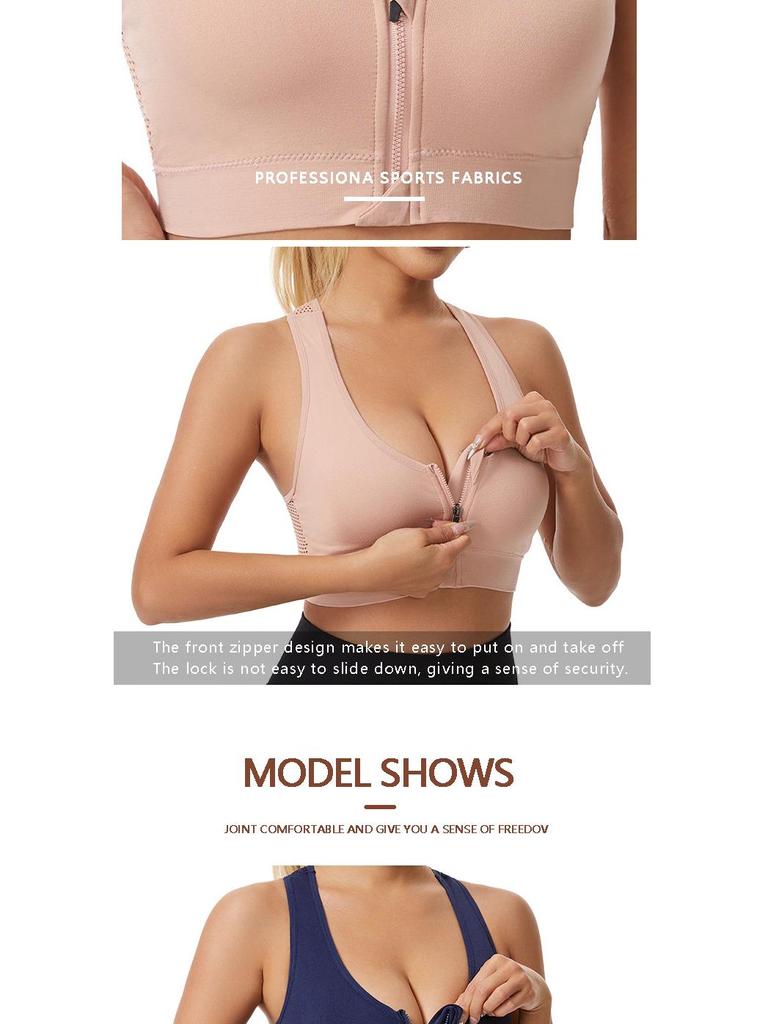 Soutien-gorge de sport de yoga grande taille à découpes en maille et fermeture éclair sur le devant, sans armatures pour femmes