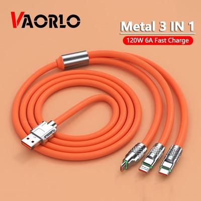 VAORLO Metalen USB-datakabel 120W 6A 3-in-1 Super Charge Snel Opladen Voor Micro Type-C Met Indicatielampje 480 Mbps Overdracht