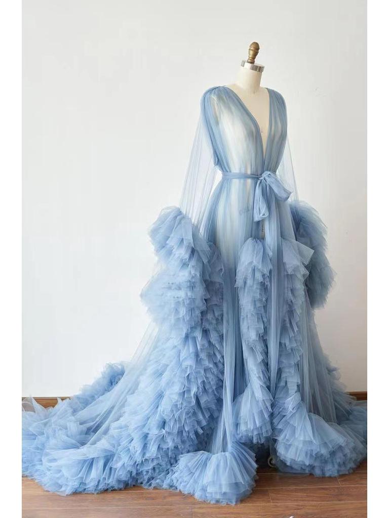 Cross-border Maternity Tulle Evening Gown with Ruffles and Shawl Cape