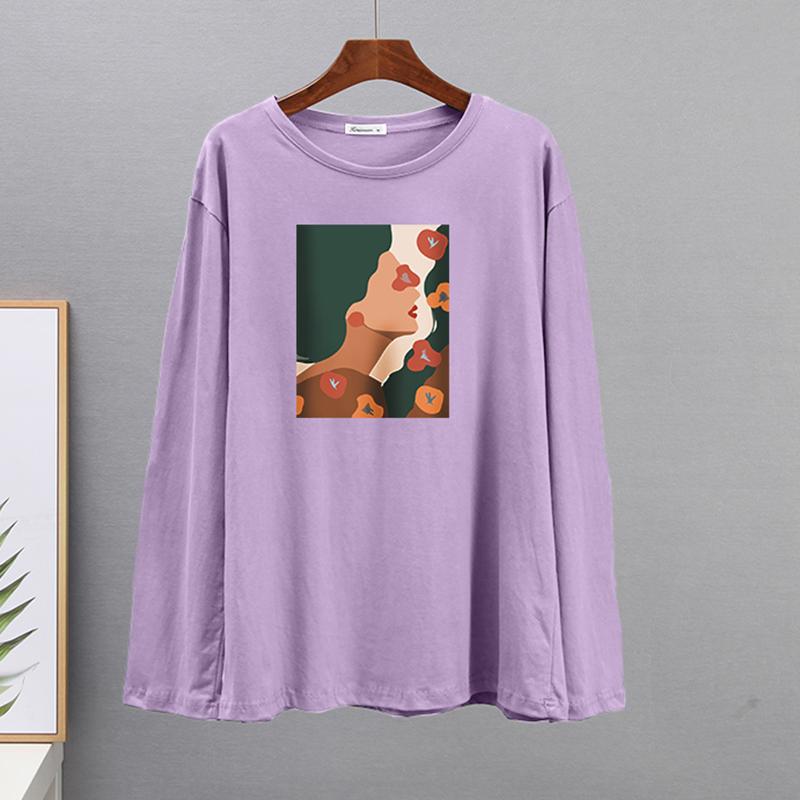 Tricou din bumbac cu mânecă lungă de primăvară Hirsionsan Tricou cu imprimeu estetică abstractă cu figurine pentru femeie pentru petrecere a timpului liber cu gâtul în formă de topuri simple