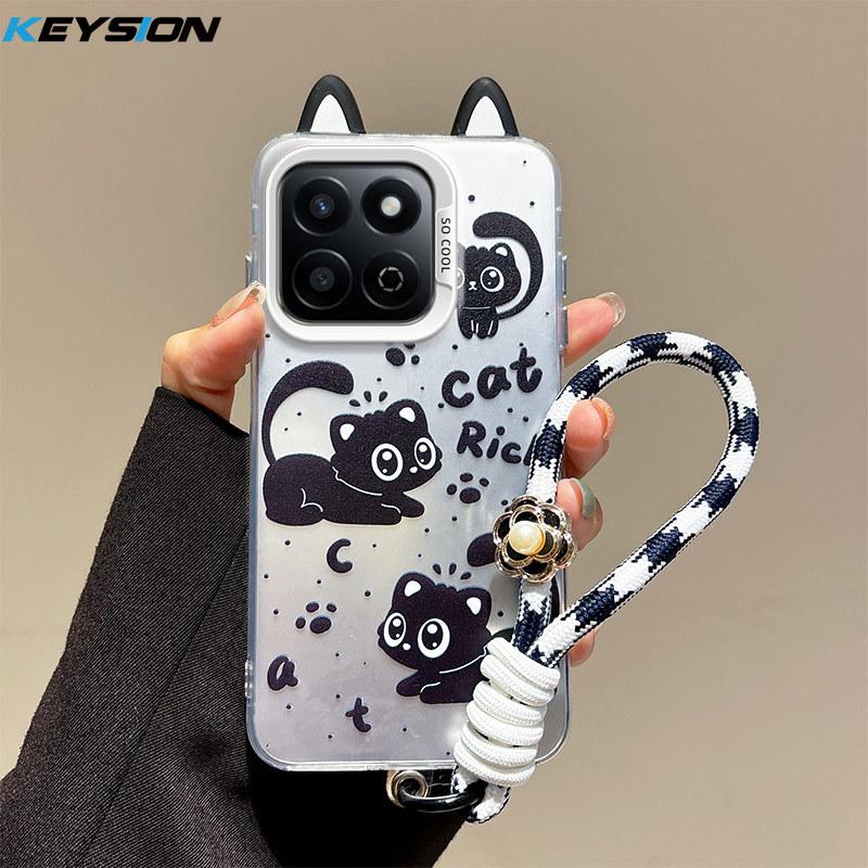 KEYSION Cute Ear Cartoon Case for HONOR X7c with Lanyard Soft Silicone+PC Shockproof Phone Cover for Huawei Honor 200 Smart 5G