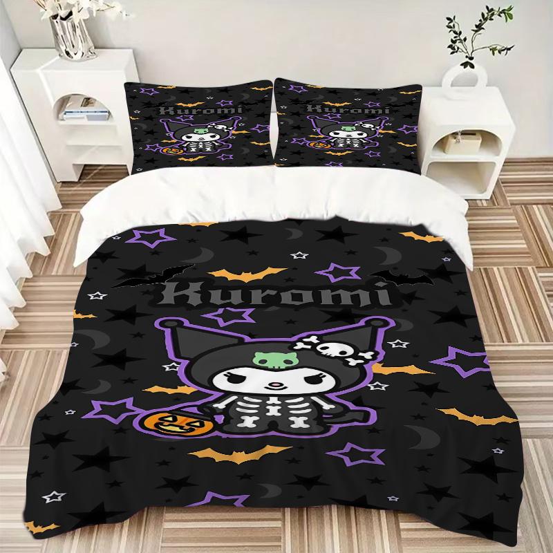 3pcs Spooky Fun with Bats Stars and Pumpkins Halloween Kuromi Bedding Set Includes Quilt Cover and Pillowcases, Suitable for All Seasons, Machine