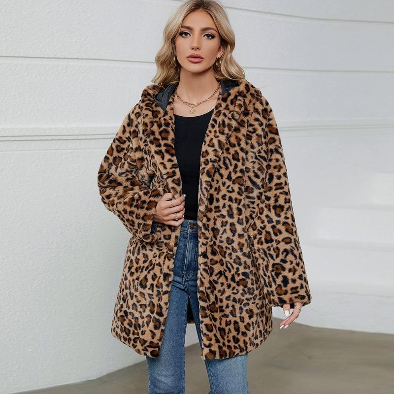 00 Leopard print fur imitation fur hooded autumn and winter loose women's coat coat
